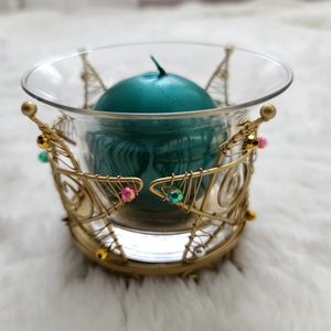 Glass & metal candle holder with green ball candle